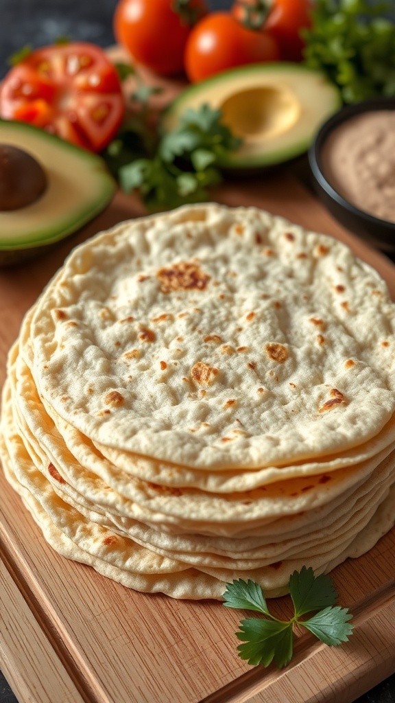 Freshly made light tortillas stacked on a cutting board with fresh ingredients.